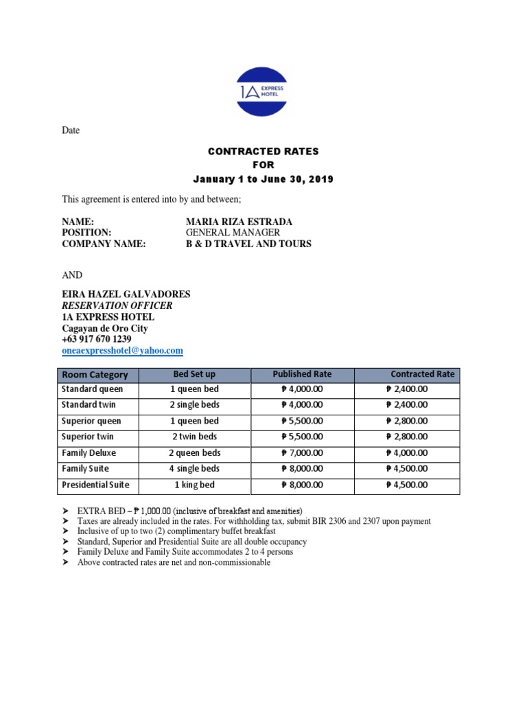 Hotel Contract Rates Agreement 2019 | PDF | Cheque | Voucher