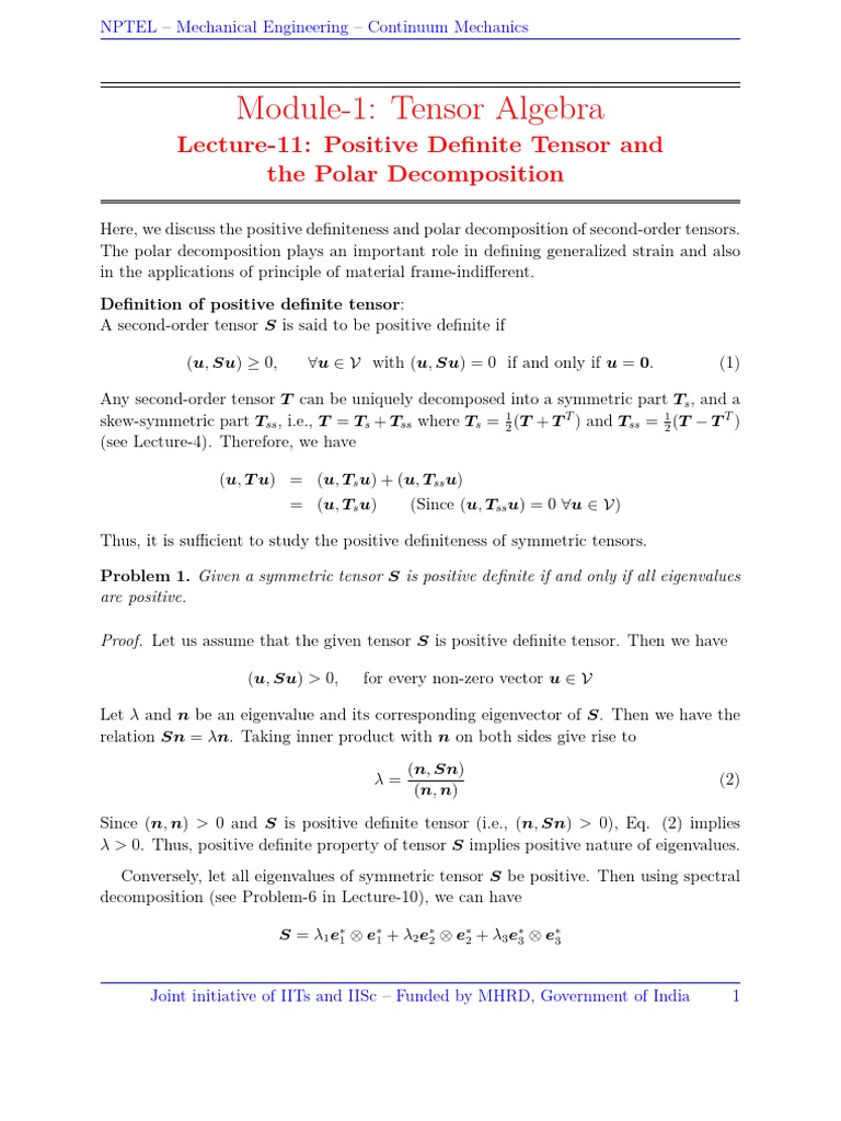 Positive Definite Tensors in Mechanics | PDF | Eigenvalues And ...