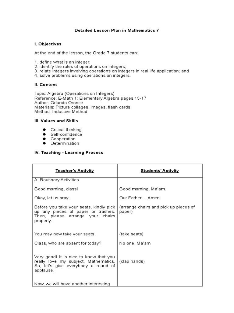 Detailed Lesson Plan in Mathematics 7 - Inductive Method | Integer ...