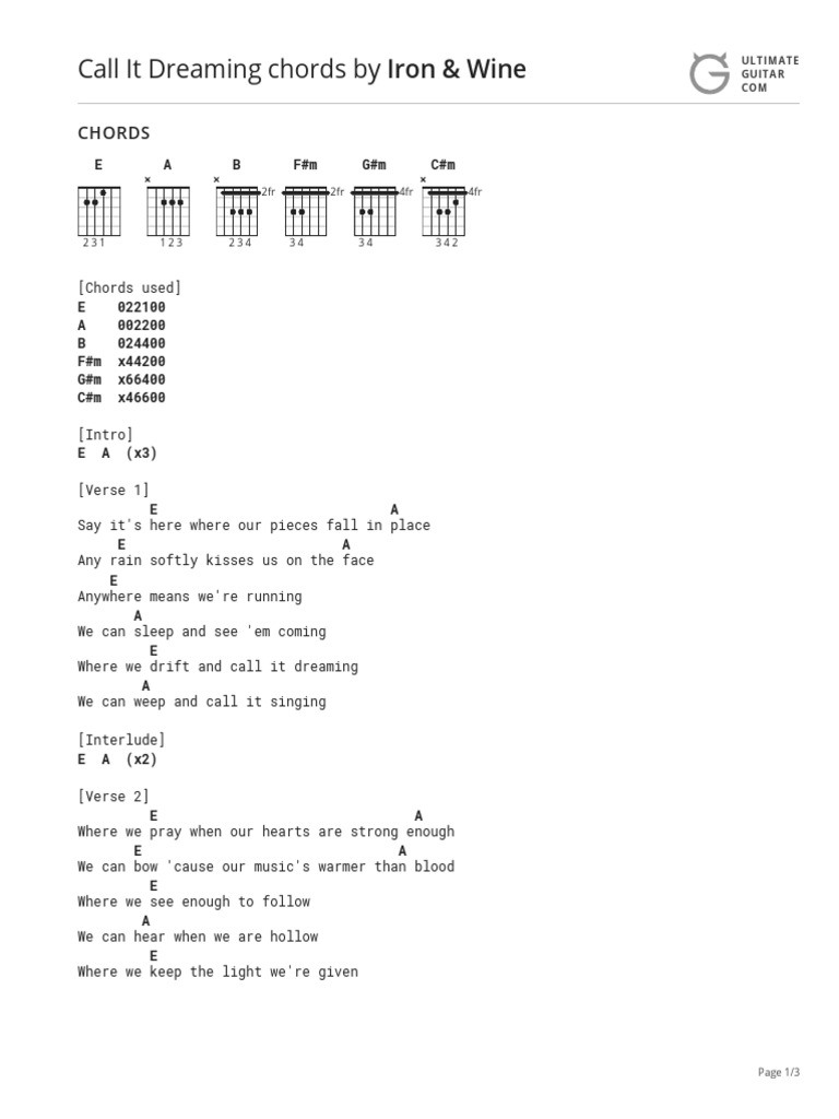 Call It Dreaming Chords by Iron & Wine PDF Song Structure Leisure