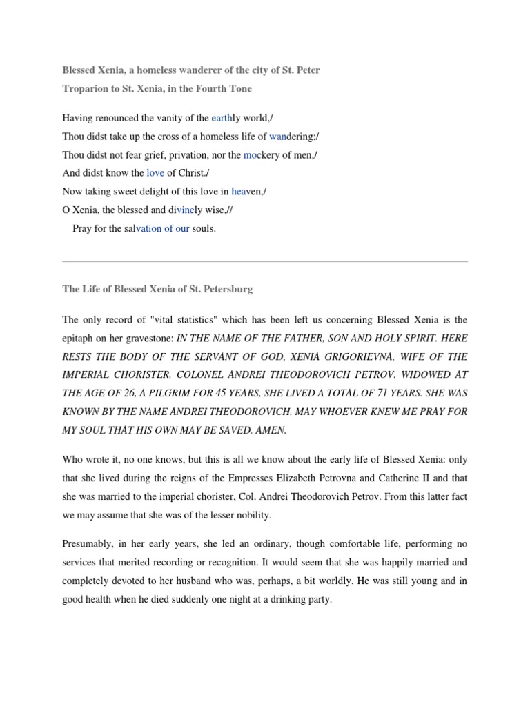 Blessed Xenia, A Homeless Wanderer of The City of St. Peter Troparion