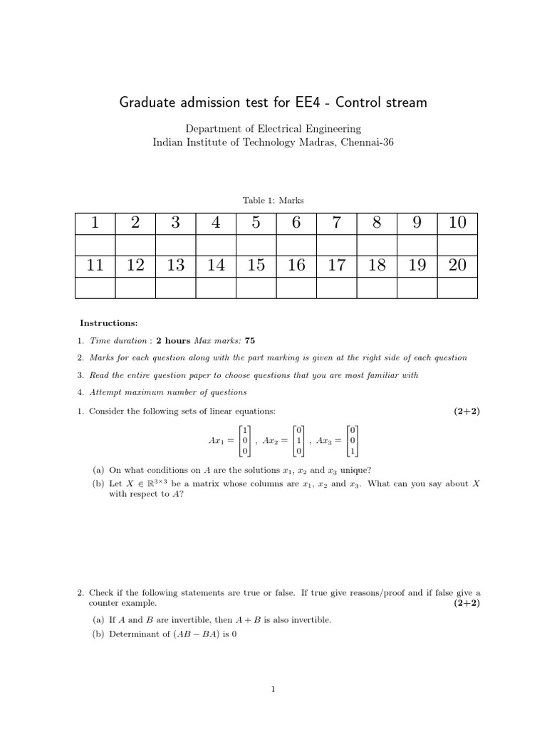 EE4 Graduate Admission Test Paper | PDF | Determinant | Eigenvalues And ...