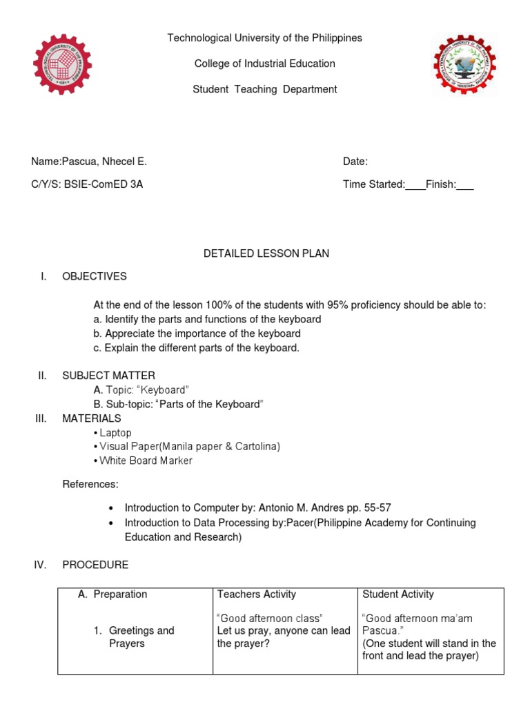 Keyboard Parts Lesson Plan for Grade 1 | PDF | Computer Keyboard | Text