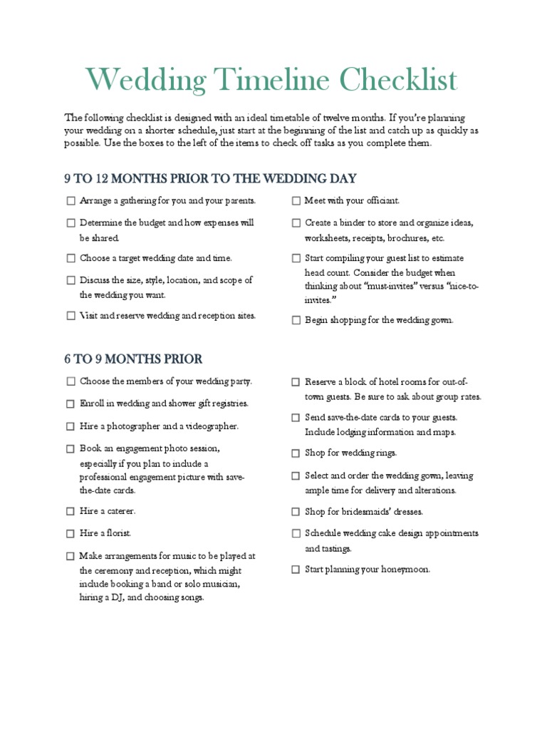 Wedding Timeline Checklist | PDF | Wedding | Bridesmaid