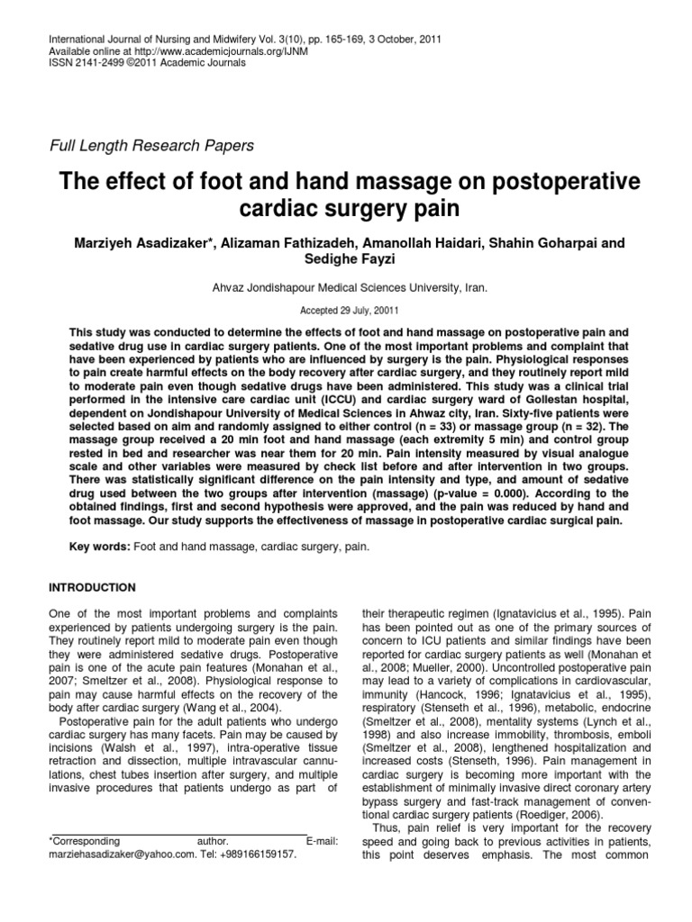 The Effect of Foot and Hand Massage On Postoperative Cardiac Surgery ...