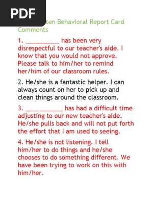 Report Card Comments Sample