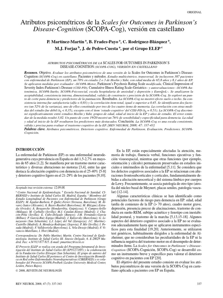 Atributos Psicométricos de La Escala para Parkinson. Scopa-Cog, Versión ...