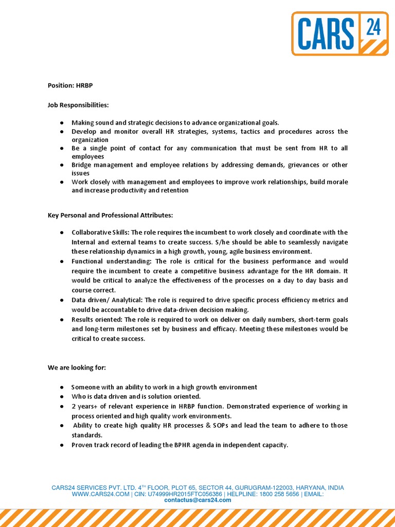 Position HRBP Job Responsibilities Email PDF