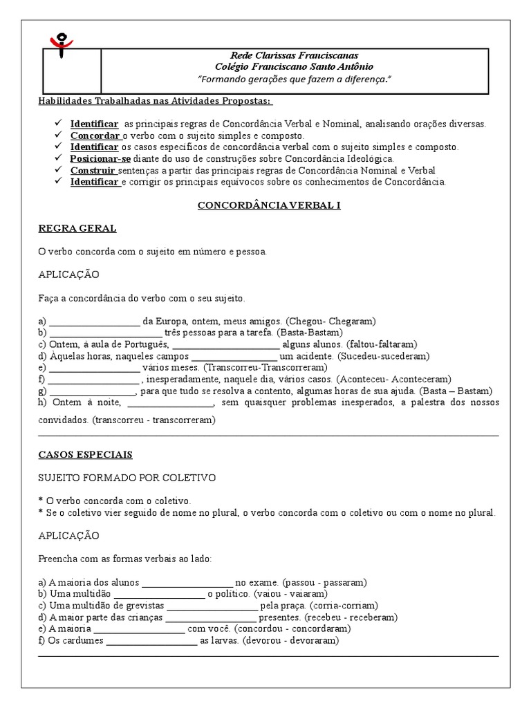 Exercícios 9 ano Concordância Verbal | Assunto (Gramática) | Pronome ...