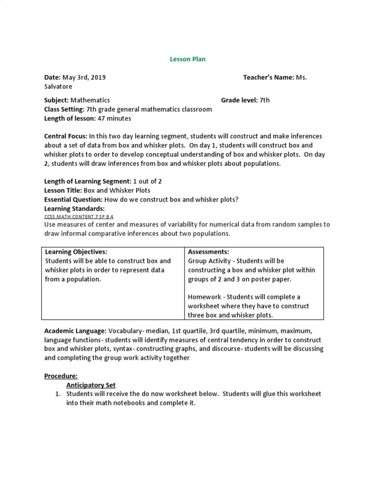 Lesson Plan Middle School Box Plots PDF Lesson Plan Median