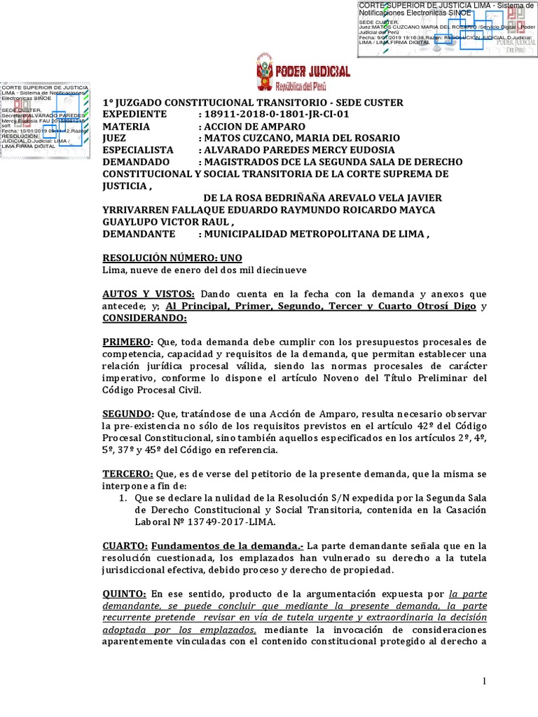 Demanda de Amparo Desestimada | PDF | Ley procesal | Caso de ley
