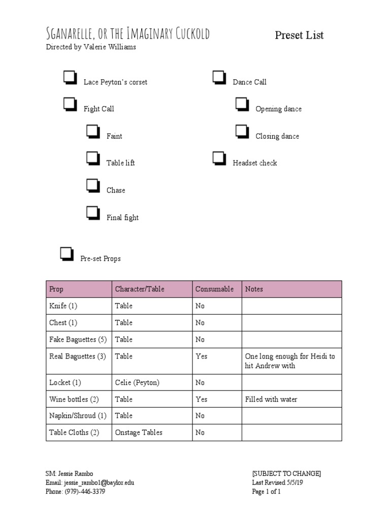 Sganarelle Production Prop List | PDF