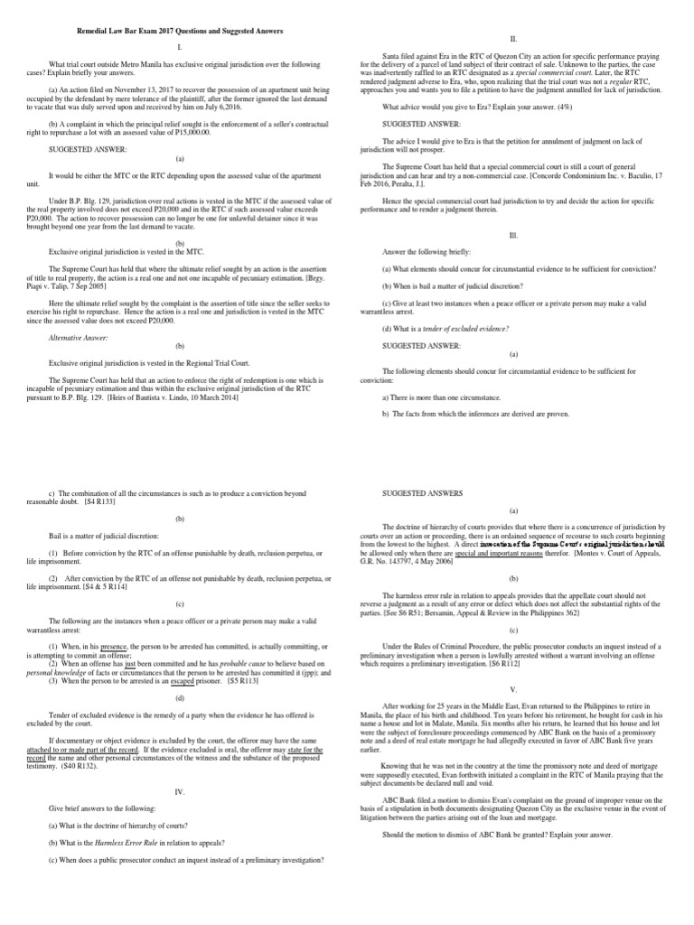 Remedial Law Bar Exam 2017 Questions and Answers.docx Plea Lawsuit