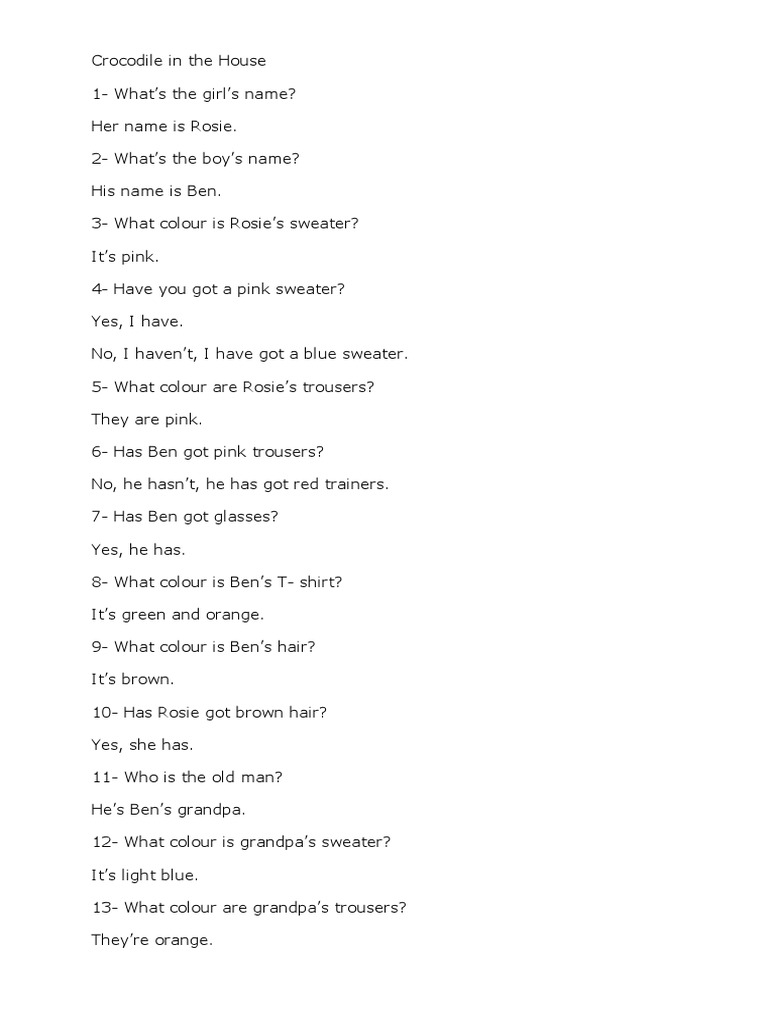 Crocodile in The House Comprehension Questions | PDF