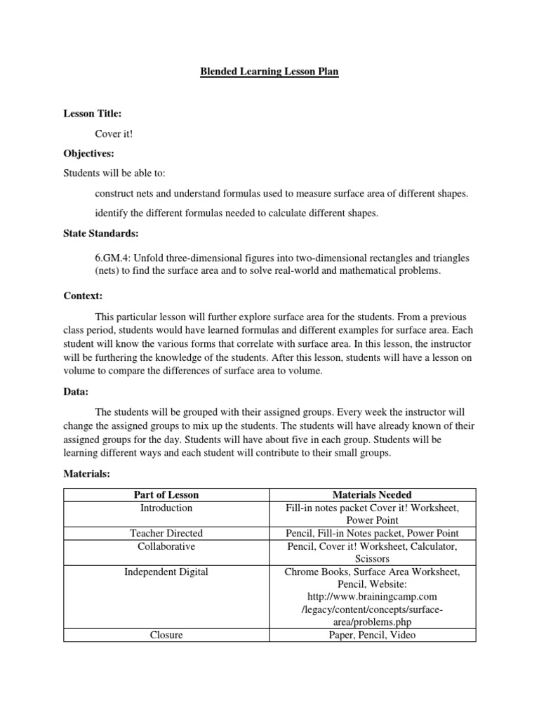 Blended Learning Lesson Plan | PDF | Area | Education Theory