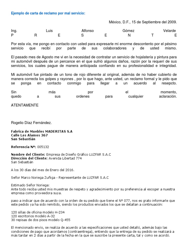 Ejemplo De Carta De Reclamo Por Mal Servicio Pdf