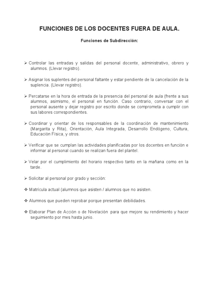 Funciones del Docente Fuera del Aula | PDF | Maestros | Salón de clases