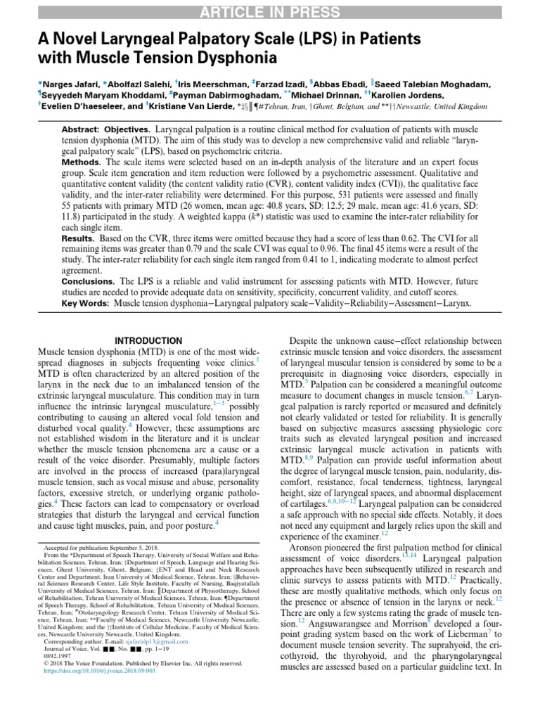 A Novel Laryngeal Palpatory Scale (LPS) in Patients With Muscle Tension ...