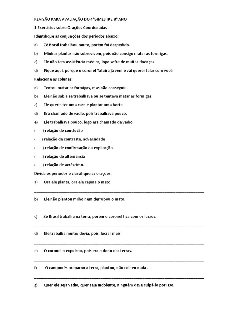 1 Exercícios Sobre Orações Coordenadas | PDF | Mecânica da Linguagem ...