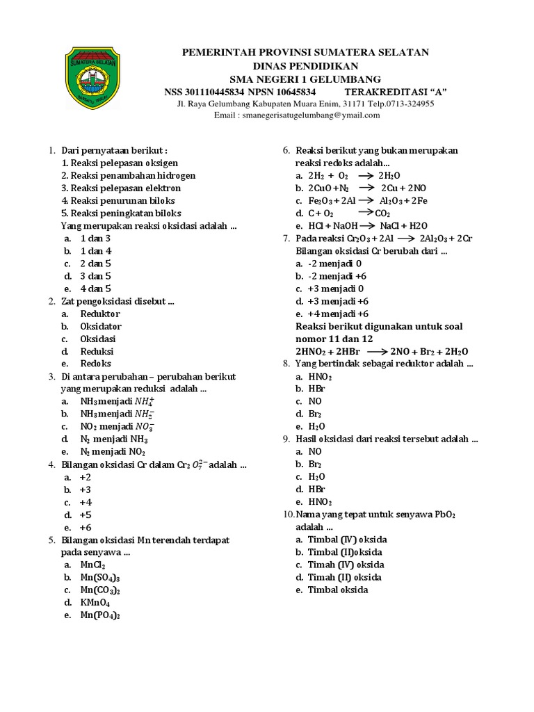 Soal Kimia Ulangan Harian Redoks Kelas 10 Docx