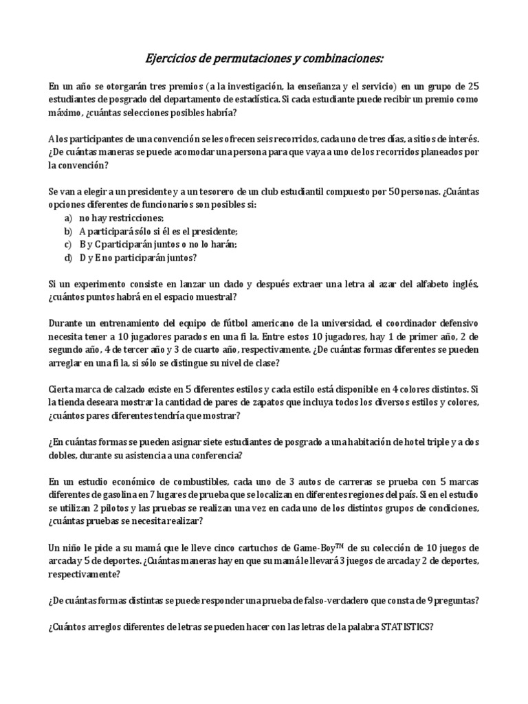 Ejercicios de Permutaciones y Combinaciones | PDF | Ocio | Deportes