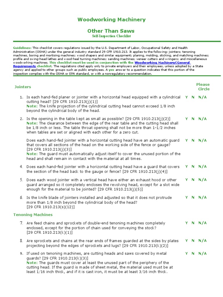 Woodworking Machine Safety Checklist | PDF | Occupational Safety And ...