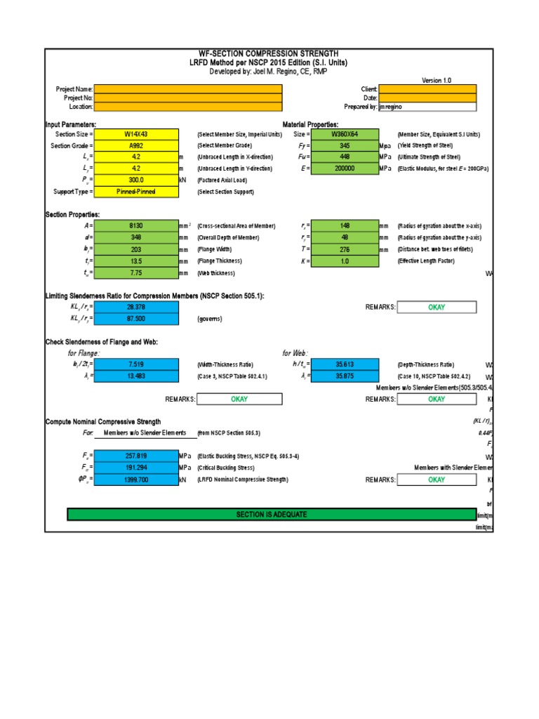 Wf-Section Compression Strength LRFD Method Per NSCP 2015 Edition (S.I ...