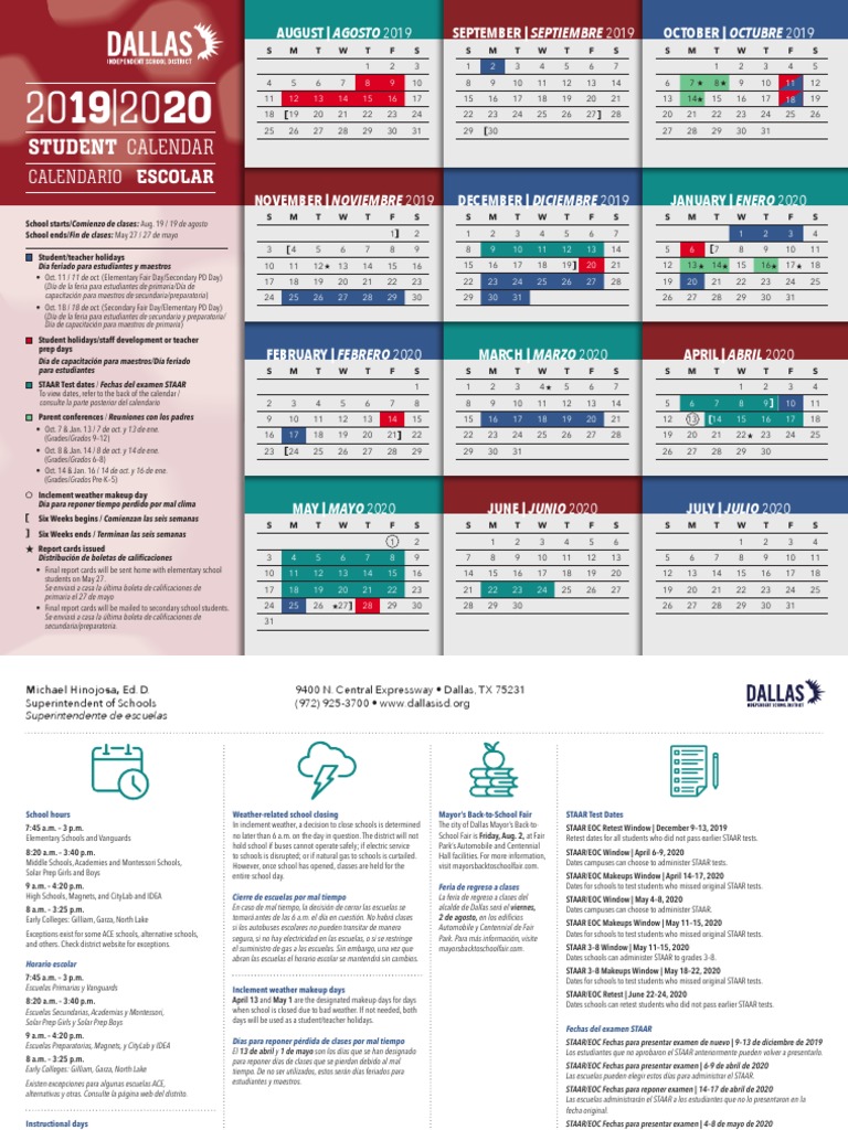 DISD 20192020 Calendar PDF PDF Escuelas Estudiantes