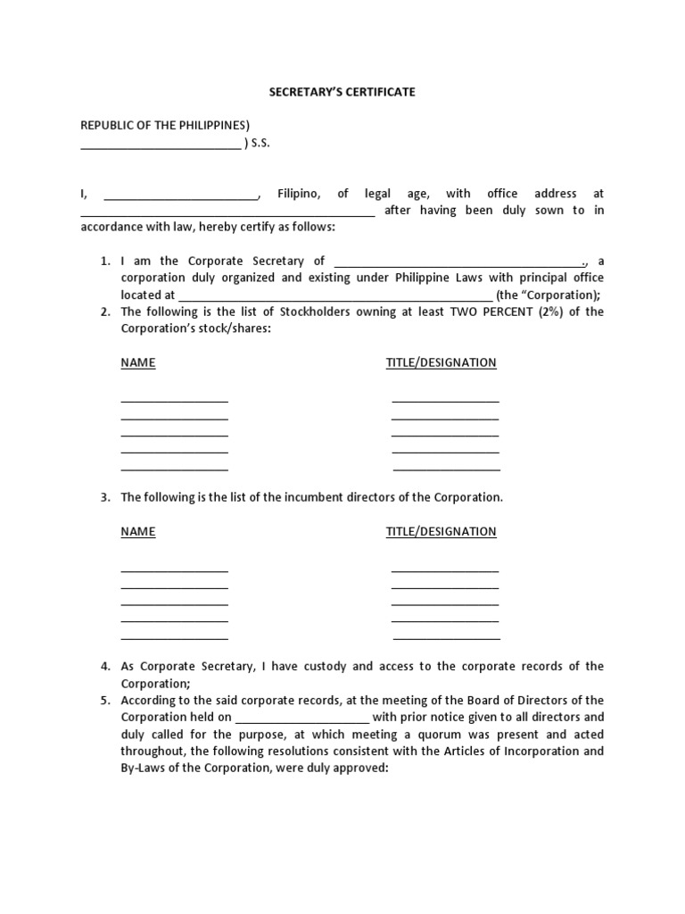 Secretary's Certificate Template | PDF | Credit | Finance & Money ...