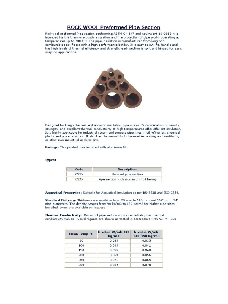 Rockwool Pipe Insulation Specifications | PDF | Thermal Insulation ...
