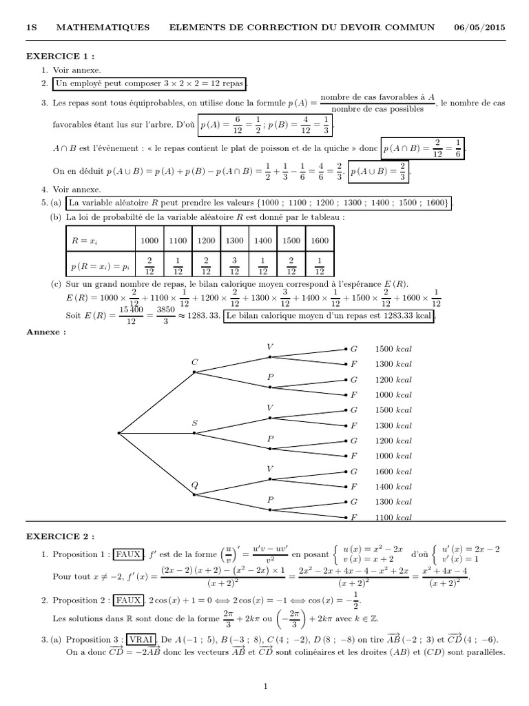 Devoir Commun Math 2 Lycee JP Sartre Corrige | PDF | Calorie ...