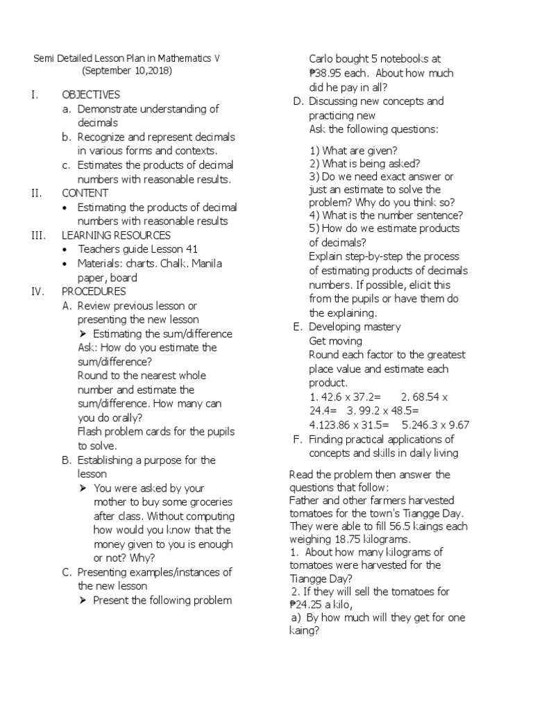 Semi Detailed Lesson Plan in Mathematics V | PDF | Lesson Plan ...