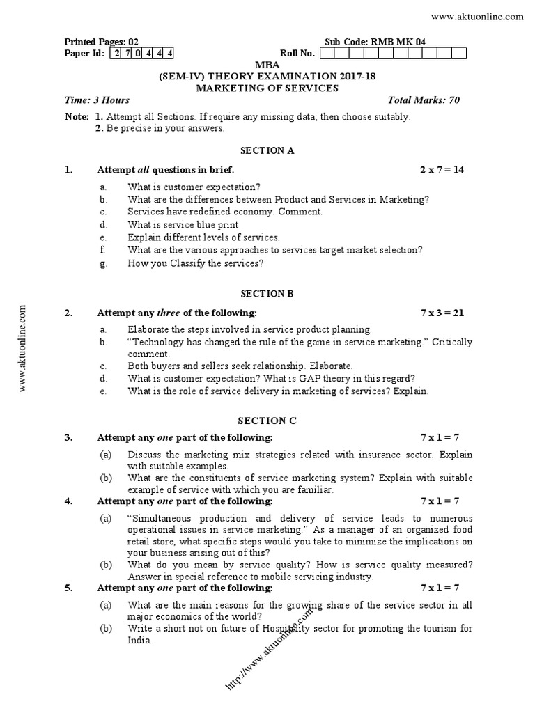 MBA Service Marketing Exam Questions | PDF | Pricing | Marketing
