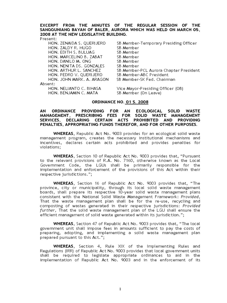 Ordinance Providing for an Ecological Solid Waste Management Program in