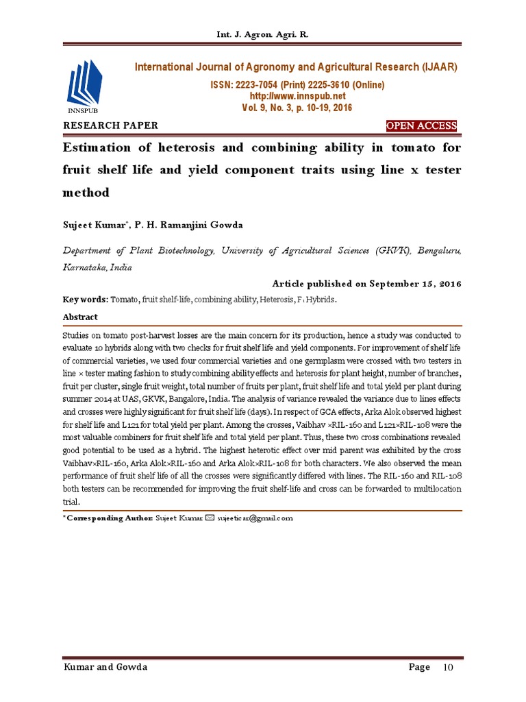 Estimation Of Heterosis And Combining Ability In Tomato For Fruit Shelf Life And Yield Component Traits Using Line X Tester Method Plant Breeding Tomato
