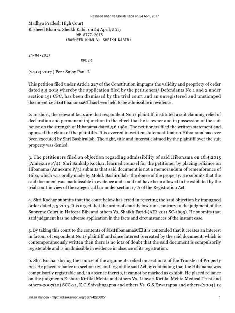 Rasheed Khan Vs Sheikh Kabir On 24 April 17 Lawsuit Judgment Law