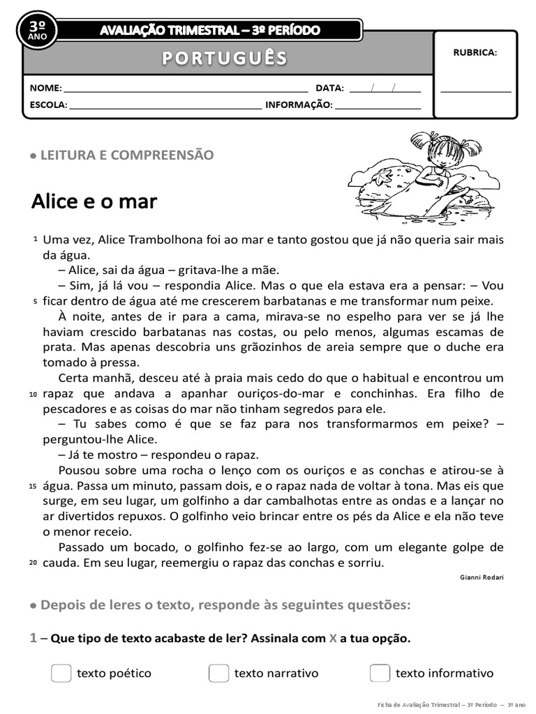 Avaliação de Português - 3º Ano | PDF | Artes Linguísticas e Disciplina