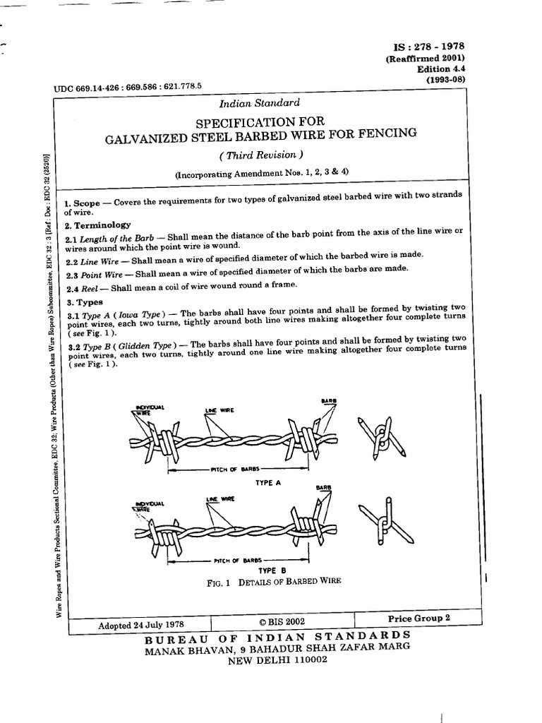 IS 278-1978 Galvanized Steel Barbed Wire Fencing PDF | PDF