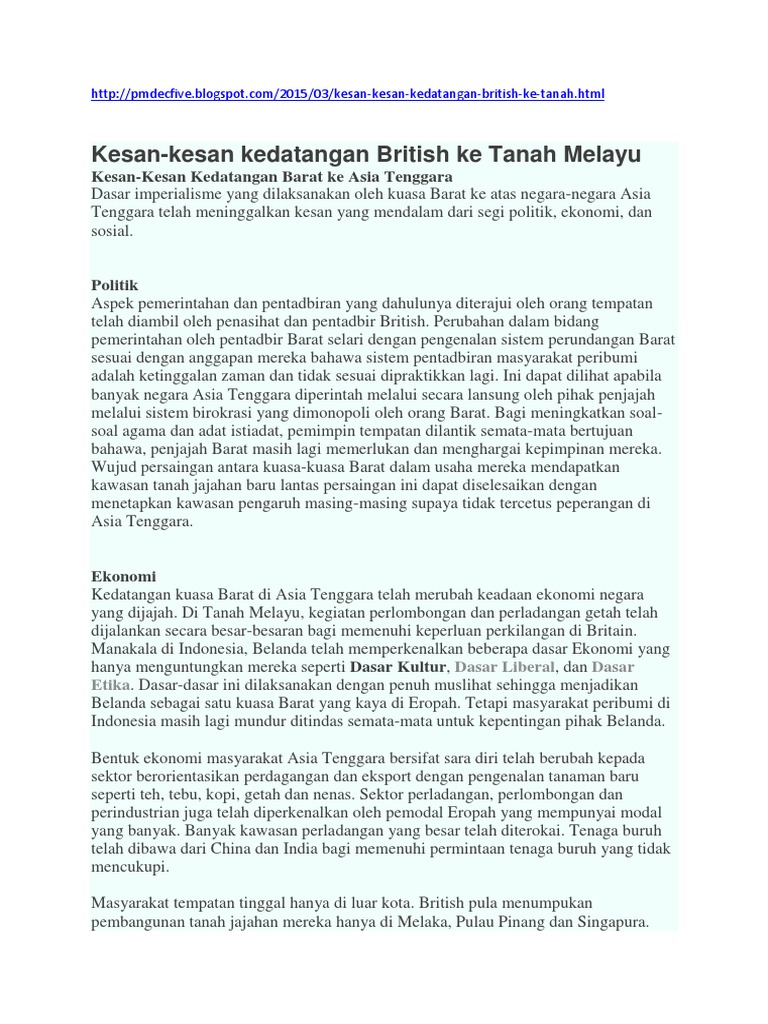 Kesan Penjajahan British Di Tanah Melayu Terhadap Ekonomi