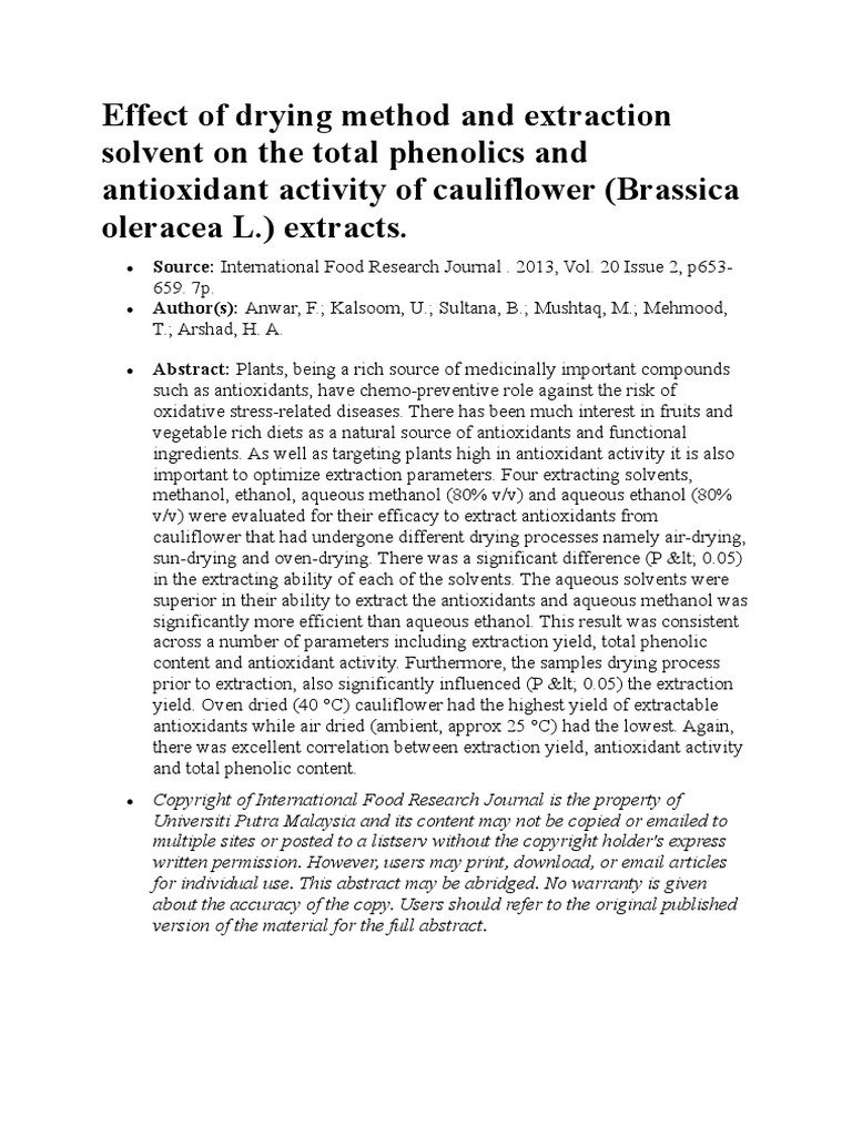 Effect of Drying Method and Extraction Solvent On The Total Phenolics ...