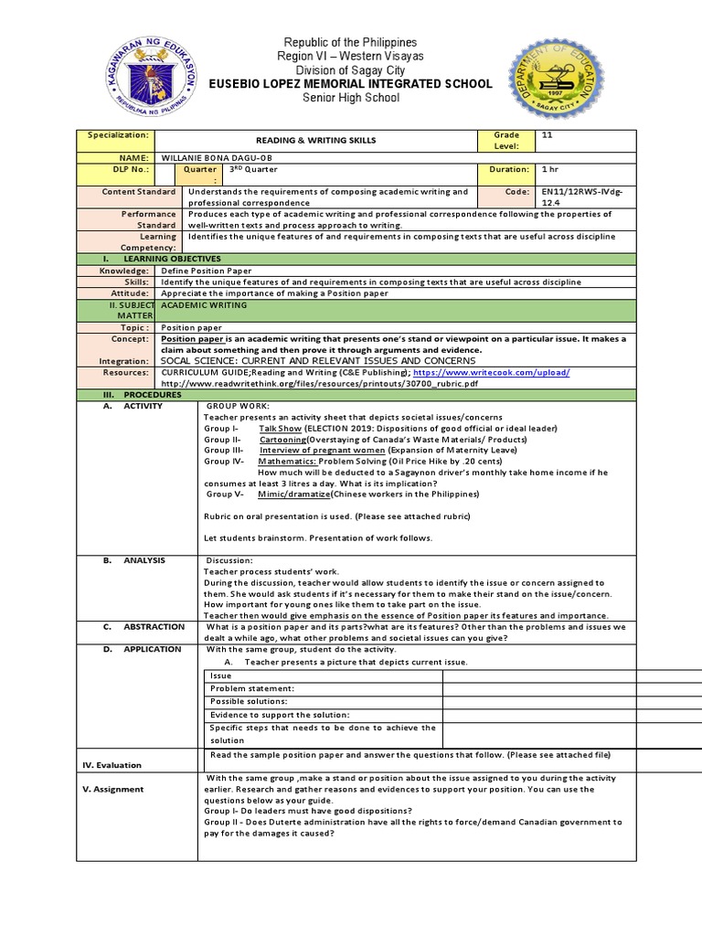 Grade 11 Position Paper Guidelines | PDF | Mobile Phones | Teachers