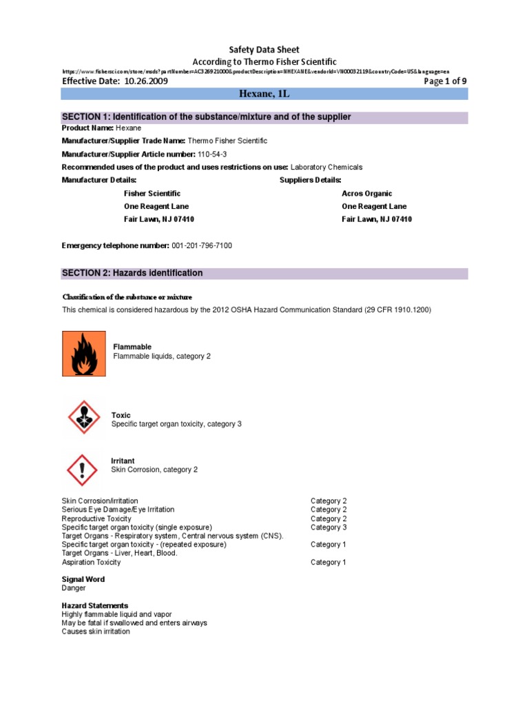 Hexane, 1L Safety Data Sheet PDF Toxicity Combustion