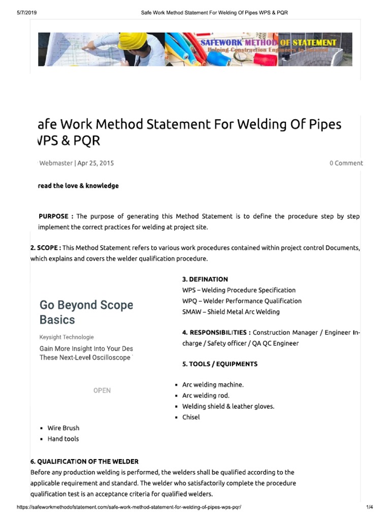 Safe Work Method Statement for Welding of Pipes WPS & PQR
