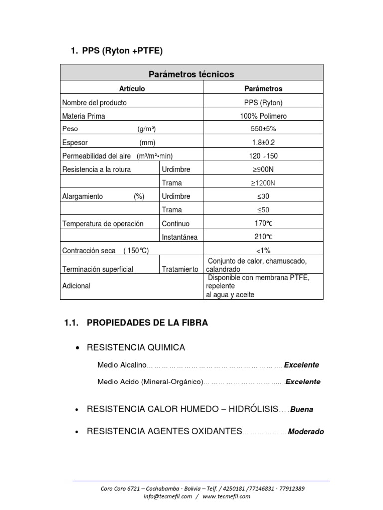 PPS (Ryton + PTFE): Propiedades y Parámetros | PDF