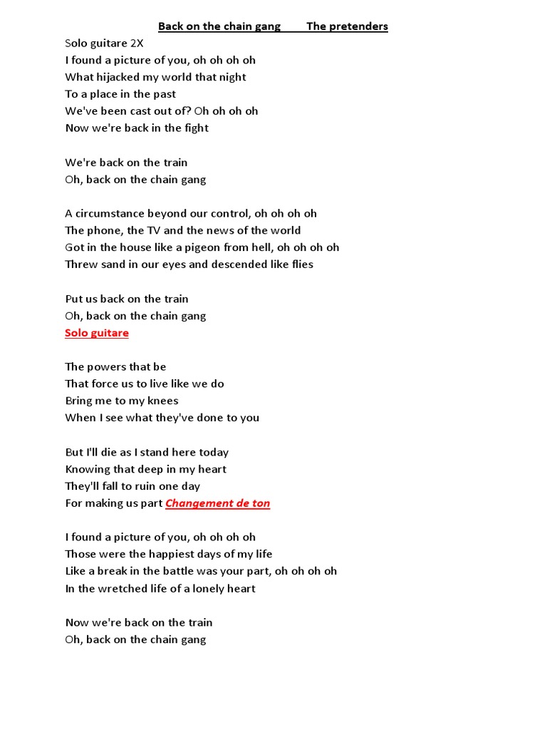 Paroles Back On The Chain Gang Pretenders PDF