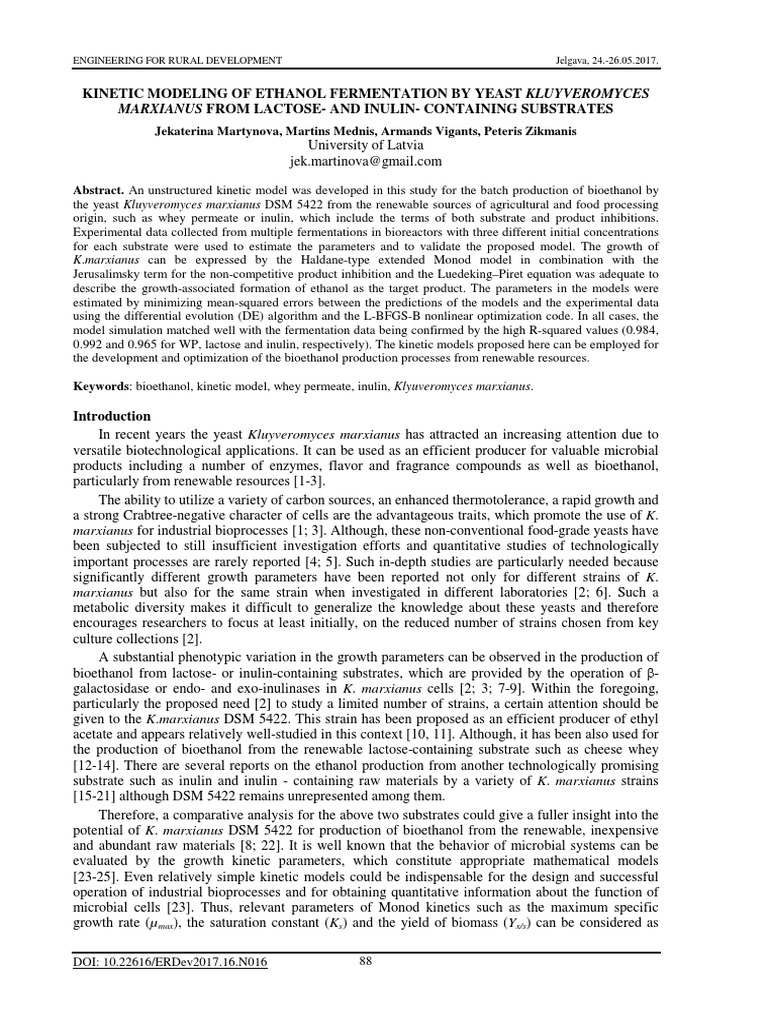 Kinetic Modeling of Ethanol Fermentation by Yeast Kluyveromyces | PDF ...