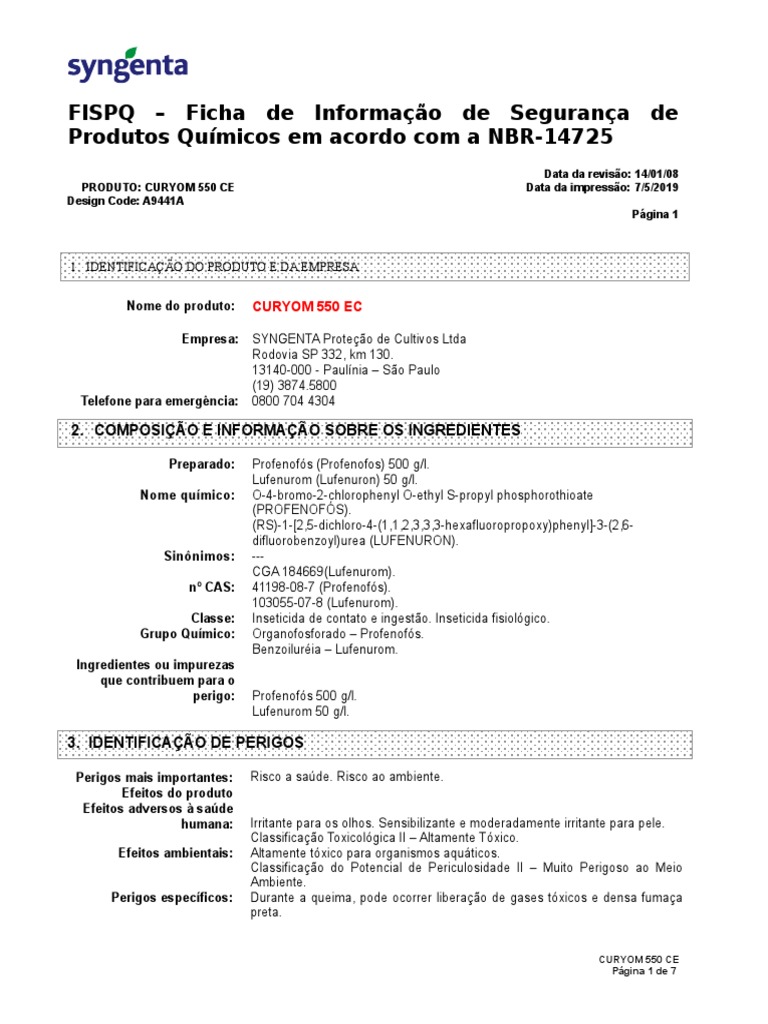Ficha de Segurança do Inseticida Curyom 550 EC | PDF | Embalagem e ...