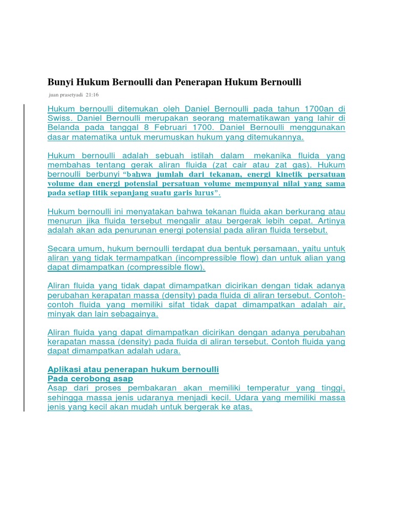 Bunyi Hukum Bernoulli Dan Penerapan Hukum Bernoulli