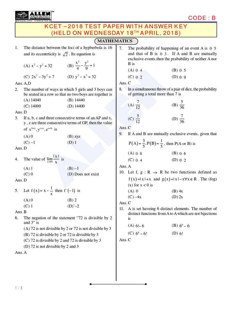 Code: B Kcet - 2018 Test Paper With Answer Key (Held On Wednesday 18 ...