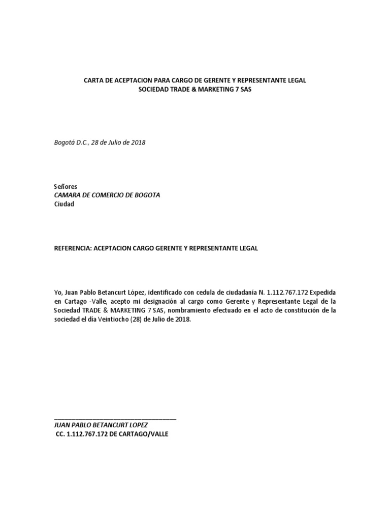 Carta de Aceptacion para Cargo de Gerente General | PDF